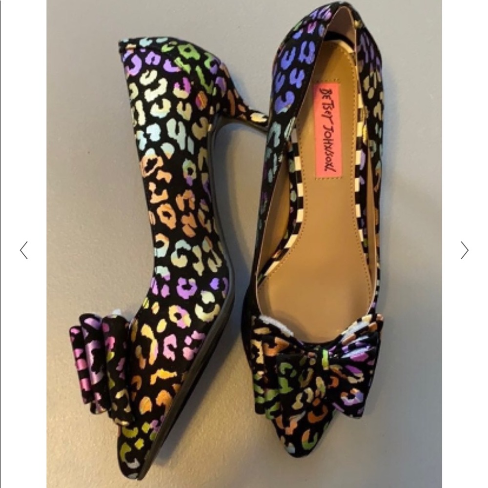Betsey Johnson Rainbow leopard print heels.